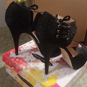 Black satin/lace high heels
